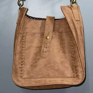 Crossbody purse with removable strap snap closure pocket brown black interior thumbnail 1