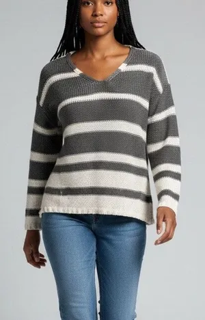 RDI gray white striped open knit V-neck sweater acrylic Size Small thumbnail 1