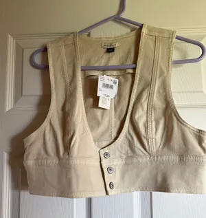 American Eagle Outfitters Cream Button-Front Crop Top thumbnail 1