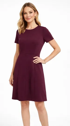 Ann Taylor Ponte Fit and Flare Dress 8 Burgundy Short Sleeve Professional Office thumbnail 1