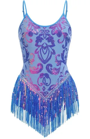 NWOT Sequin Fringe Bodysuit Sparkly Tassel Dance Rave Costume XS thumbnail 1