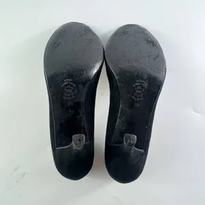 J. Crew Vintage Isabella Black Suede Gold Trim Peep Toe Heels Shoes Women 8.5 thumbnail 9