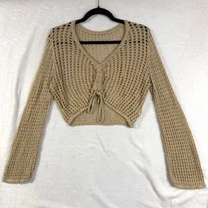 Open Knit L Tan Tie Front Cropped Cardigan Sweater Slouchy Boho Fairy‎ Grunge thumbnail 1