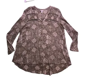 Sun‎ & Shadow Floral Blouse Womens XL Olive Green Boho Crochet Trim thumbnail 1