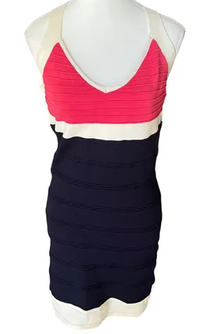 Forever 21 XXI Forever‎ Bodycon Dress Ribbed Navy Cream Coral Sleeveless Halter Medium thumbnail 1