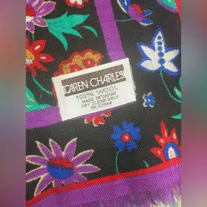 Vintage Caren Charles wool purple floral large square neck head scarf thumbnail 6