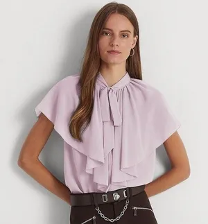 Ralph Lauren Tie-Neck Crinkle Georgette Cape Blouse in Light Purple, Size XL NWT thumbnail 1