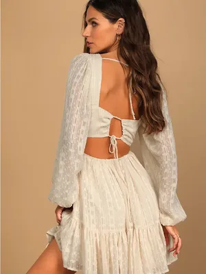 Lulu’s ‘Only you & I” cream long sleeve tie back dress S thumbnail 3