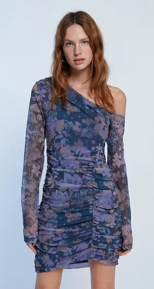 Free People Womens Chole Blue Mesh Floral Print Shirred Sheath Dress Medium‎ thumbnail 1