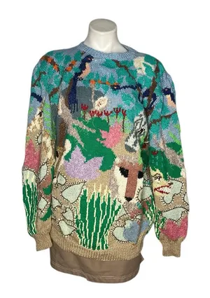 MABEL’S Colorful Sweater Crew Neck Pastel Animals Scenic Novelty Top VINTAGE 80s thumbnail 1