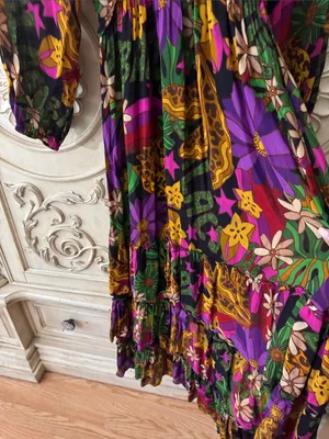 FARM Rio Star Fruit Floral Tiered Maxi Dress in Purple, Green & Yellow Sz Small thumbnail 9