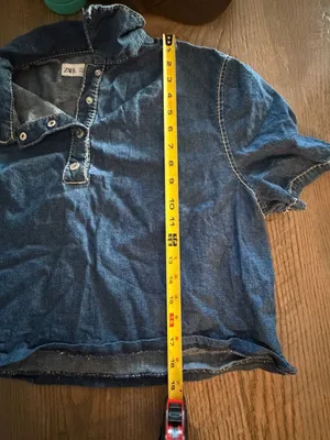 Zara Women's Short Sleeve Cropped Denim Polo Shirt thumbnail 5