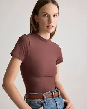 Quince Stretch Cotton Jersey Cropped Fitted T-Shirt - Cocoa thumbnail 3