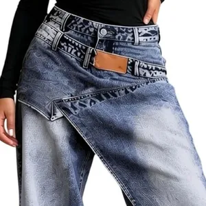 NWT ~ Women's Double Pair High Rise Wide Leg Y2K Baggy Denim Blue Jeans ~ MEDIUM thumbnail 2