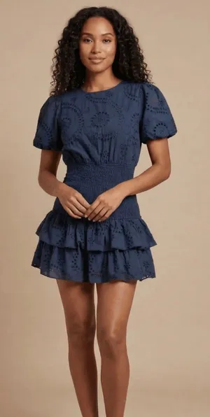 puff sleeve eyelet smocked mini dress thumbnail 1