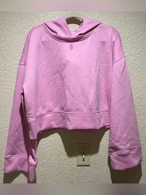 Free People NWT Playing Games Pink Cropped Hoodie Sweatshirt Pullover Size L thumbnail 4