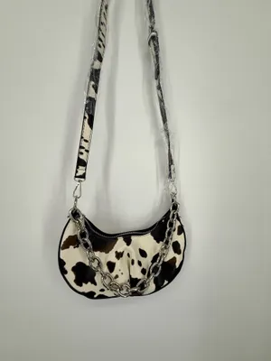 Cow Print Crossbody Purse Handbag Small Shoulder Bag Silver Chain Zip Closure thumbnail 7