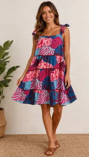 Umgee Womens Tropical Bird Print Tiered Mini Dress Pink Blue Tie Strap‎ Medium thumbnail 1