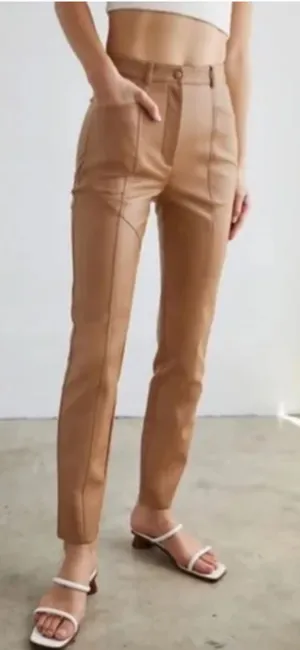 Aritzia Wilfred Rebel High Waisted Vegan Leather Pants Camel Edgy Chic Sz 8 thumbnail 1