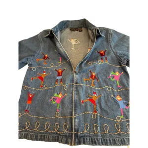 Embroidered Novelty Shacket Ice Skaters Denim Jacket Winter whimsical Teacher M thumbnail 2