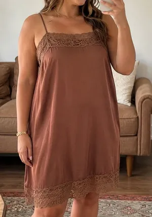 Aerie‎ Satin Lace Trim Slip Dress XL Brown Coquette Cottagecore Boho Feminine thumbnail 1