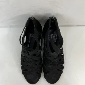 Eileen Fisher 6 Oodle Black Criss Cross Sandal Wedge Nubuck Leather Stacked Heel thumbnail 7