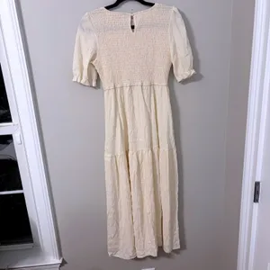 Cream Smocked Puff Sleeve Tiered Maxi Dress Cottagecore Textured Boho Medium thumbnail 5