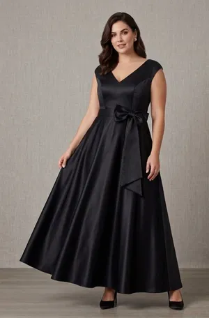 Unique Black Satin V-Neck Cap Sleeve A-Line Evening Gown With Bow Size 16 thumbnail 1