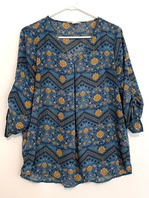 PINK ROSE Blue Mustard Navy Floral Chevron 3/4 Sleeve Roll Tab Sleeve Blouse Top thumbnail 1