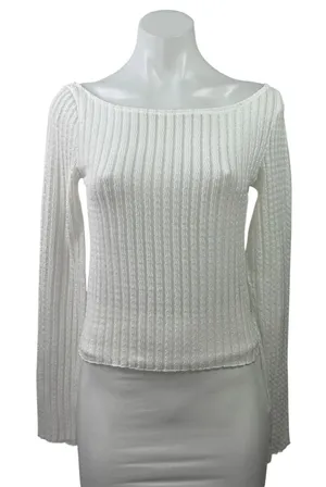 Edikted Womens White Ribebd Knit Boat Neck Long Sleeve Crop Sweater Top Size M thumbnail 1