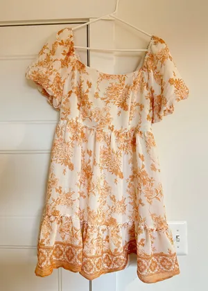 Orange Floral Puff Sleeved Dress thumbnail 1