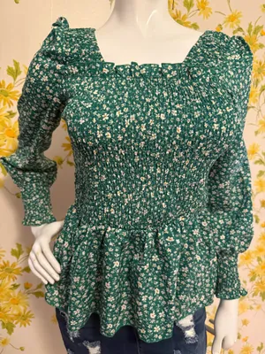 Green peplum-style blouse with a ditsy floral print size M thumbnail 5
