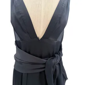 Free People Black Plunge Open Back‎ Maxi Dress Tie Waist High Slit Gown US 2 thumbnail 3