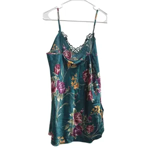 Vintage 90s Green Floral Satin Slip Fairy Grunge Lace Lingerie Top‎ Coquette S thumbnail 2