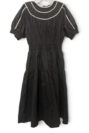 VICI Black Cotton Smocked Waist Crochet Trim Tiered Midi Dress XL RN131468 thumbnail 1