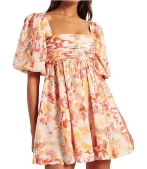 Abercrombie & Fitch Peach Floral Emerson Poplin Puff Sleeve Square Neck Mini Dress thumbnail 1