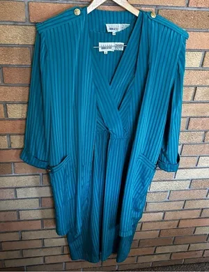 Vintage 70s/80s Leslie Fay Teal 2 Piece Midi Dress & Cover Striped Size 12 thumbnail 1
