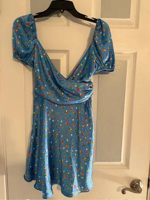 Zara Satin Blue Floral Short Puff-Sleeve Mini Dress thumbnail 3