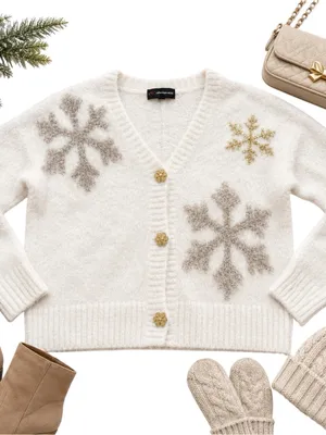 33 Degrees Ivory Snowflake Eyelash Knit Cardigan Gold Buttons Women’s Medium EUC thumbnail 12