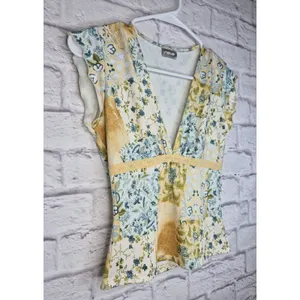 VTG Y2K Rave Patchwork Lace Top Cami Cap Sleeve Blue Yellow Cottagecore Sz S M thumbnail 2