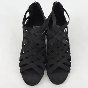 Eileen‎ Fisher Black Leather Strappy Cage Wedge Sandals Womens 8 Zip Back thumbnail 2