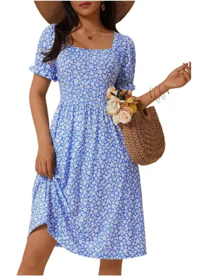 NEW Square Neck Dress Floral Puff Sleeve A Line Midi Dress Pockets S thumbnail 1
