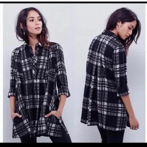 Free People Baby Blue Black Cream Plaid Button Up Tunic thumbnail 2