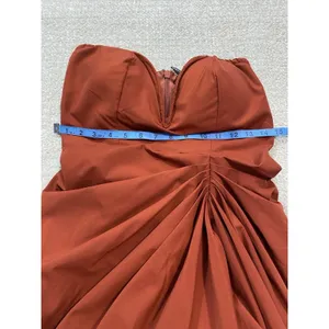 PRETTYLITTLETHING Rust Satin Strapless Ruched Side Slit Midi Dress Size 6 thumbnail 14