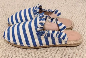 Kate Spade Laila Blue White Striped Espadrille Mule Slides Ruffle Trim Size‎ 7.5 thumbnail 1
