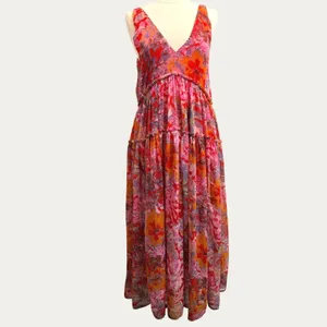 Free People Julianna Maxi Dress Small Red Floral Tiered Chiffon Sheer Boho Chic thumbnail 3