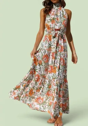 Petal&Pup Floral Halter Maxi Dress in White with Orange & Green Size 4 thumbnail 1