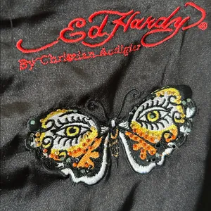 Ed Hardy Womens Bomber Jacket Black Zip Roar Embroidered Butterfly‎ Eyes Vintage thumbnail 6