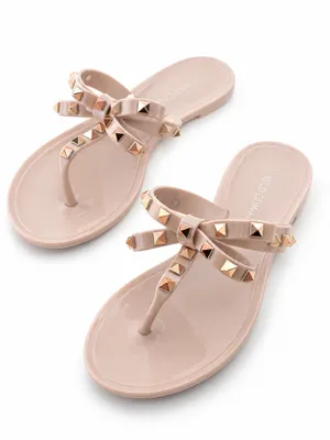 Wild Diva Nude Jelly Sandals Gold Pyramid Stud Bow Flats thumbnail 1