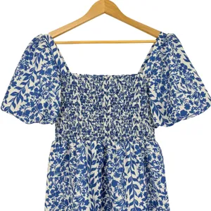 THML Blue White Floral Smocked Mini Dress Medium Puff Sleeve Coastal Cottagecore thumbnail 3